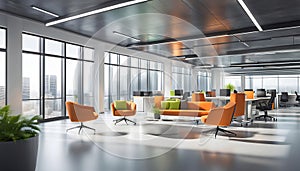 Beautiful blurred background of a modern office interior in gray tones with panoramic windows, glass partitions