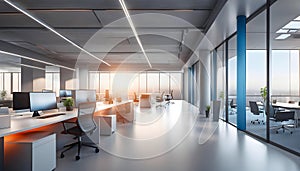 Beautiful blurred background of a modern office interior in gray tones with panoramic windows, glass partitions