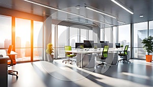 Beautiful blurred background of a modern office interior in gray tones with panoramic windows, glass partitions