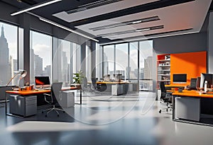 Beautiful blurred background of a modern office interior in gray tones with panoramic windows, glass partitions,