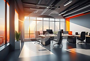 Beautiful blurred background of a modern office interior in gray tones with panoramic windows, glass partitions,