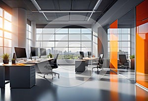 Beautiful blurred background of a modern office interior in gray tones with panoramic windows, glass partitions,