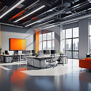 Beautiful blurred background of a modern office interior in gray tones with panoramic windows, glass partitions,