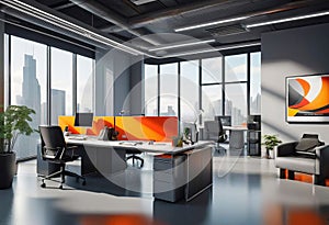 Beautiful blurred background of a modern office interior in gray tones with panoramic windows, glass partitions,