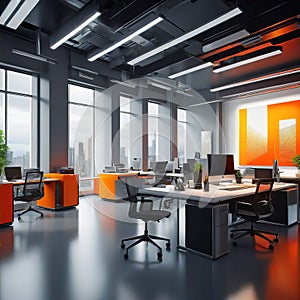 Beautiful blurred background of a modern office interior in gray tones with panoramic windows, glass partitions,