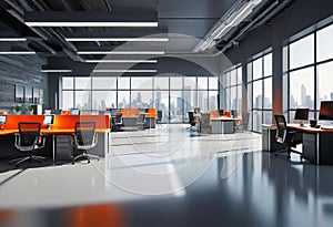 Beautiful blurred background of a modern office interior in gray tones with panoramic windows, glass partitions,