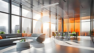 Beautiful blurred background of a modern office interior in gray tones with panoramic windows, glass partitions,