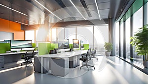 Beautiful blurred background of a modern office interior in gray tones with panoramic windows, glass partitions,