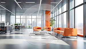 Beautiful blurred background of a modern office interior in gray tones with panoramic windows, glass partitions,