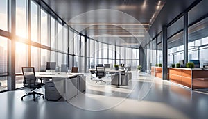 Beautiful blurred background of a modern office interior in gray tones with panoramic windows, glass partitions,