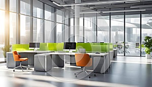 Beautiful blurred background of a modern office interior in gray tones with panoramic windows, glass partitions,