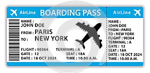 Beautiful boarding pass. Blue flat design airplane ticket. Hand drawn vector icon illustration.