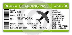 Beautiful boarding pass. Green flat design airplane ticket. Hand drawn vector icon illustration.