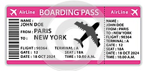 Beautiful boarding pass. Pink flat design airplane ticket. Hand drawn vector icon illustration.