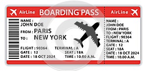 Beautiful boarding pass. Red flat design airplane ticket. Hand drawn vector icon illustration.