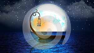 Beautiful boat fantasy, full moon on sea, night stars, loop animation background.
