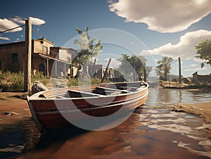 beautiful boat on the water Attached to the harbor quay of a small village