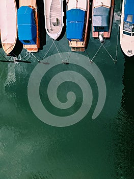 Beautiful boats. Aerial view of colorful boats in Stockholm, Sweden