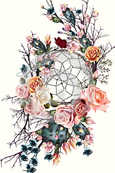 Beautiful boho illustration with dreamcatcher, rose flowers and