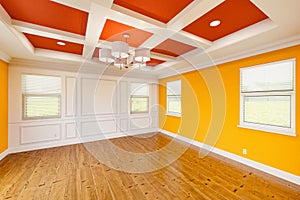 Bold Orange and Yellow Custom Master Bedroom Complete with Entire Wainscoting Wall, Fresh Paint, Crown and Base Molding, photo