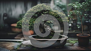 Beautiful bonsai plant display in a ceramic pot indoor