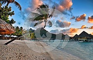 Beautiful Bora Bora sunrise sunset on the beach. photo