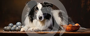 Beautiful border collie dog lies near bow. Inteligent border collie portrait
