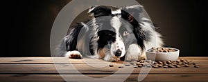 Beautiful border collie dog lies near bow. Inteligent border collie portrait