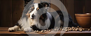 Beautiful border collie dog lies near bow. Inteligent border collie portrait