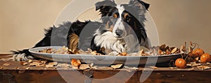 Beautiful border collie dog lies near bow. Inteligent border collie portrait