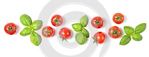 Beautiful border made of fresh cherry tomatoes with basil leaves, isolated on white background, vegetable pattern, top view