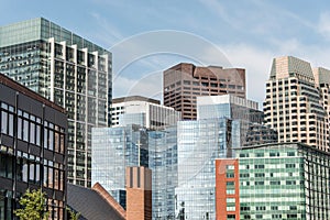 Beautiful Boston skyline with glas front buildings on sunny day in Massachusetts USA