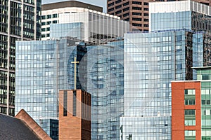 Beautiful Boston skyline with glas front buildings on sunny day in Massachusetts USA