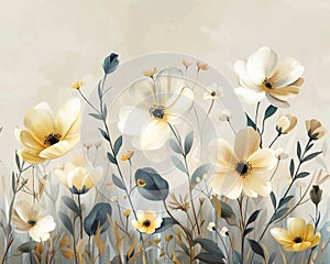 Beautiful botanical artwork in the art nouveau style with many classy flowers in full bloom