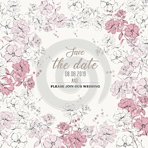 Beautiful Botanical wedding invitation card  design, white and pink hand sketch  flowers