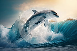 Beautiful bottlenose Dolphin jumping over breaking waves, Generative AI