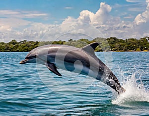 beautiful bottlenose dolphin porpoise - Tursiops truncates - jumping in water with shore line and blue sky with clouds background