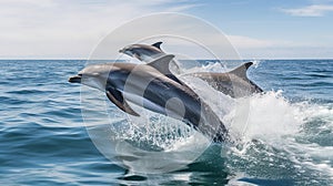 Beautiful bottlenose dolphins jumping out of sea with clear blue water on sunny day, generative ai