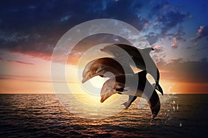 Beautiful bottlenose dolphins jumping out of sea at sunset