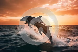Beautiful bottlenose dolphins jumping out of sea at sunset Generative AI.