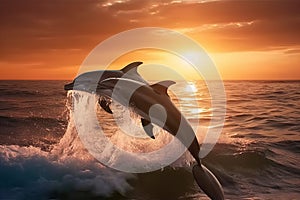 Beautiful bottlenose dolphins jumping out of sea at sunset Generative AI.