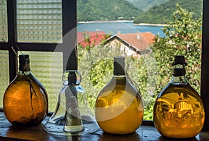 Beautiful bottles filled with medovina alcohol made in Pluzine, Montenegro