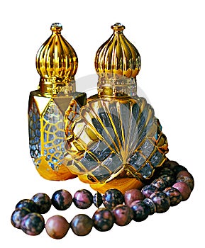 Beautiful bottles of oil perfume in Arabic style and rosaries made of natural stones.