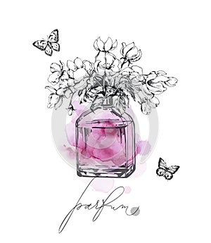 A beautiful bottles of perfume a against the background of delicate Apple blossoms Women`s perfume. Elements for design