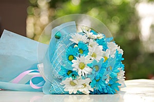 Beautiful bouquet of bright blue and white flowers