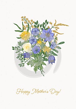 Beautiful bouquet or bunch of purple and yellow meadow blooming flowers and wild flowering plants on white background