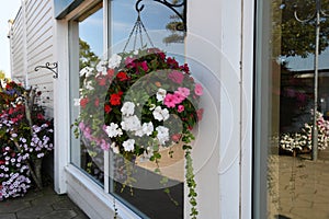 Beautiful bouquet of colorful flowers hanging by the house front door