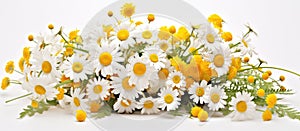 A beautiful bouquet of daisies with yellow centers on a white background