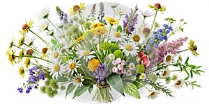 Wildflowers and Herbs with Example of a Bouquet of These Flowers photo