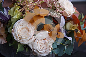 Beautiful bouquet florist with white roses closeup